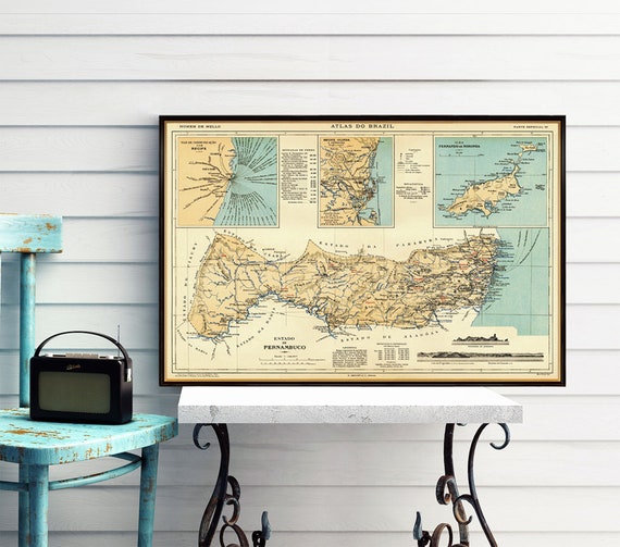 Old map of Pernambuco (Brazil) print - Pernambuco map - Estado de Pernambuco, map print on paper or canvas