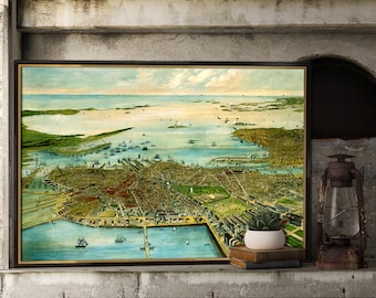 Boston poster - Panoramic map of Boston RETRO print  -  Boston view - Birds eye view