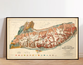 May include: Framed vintage geological map of the Mont Blanc massif, featuring detailed topography in shades of brown, orange, and green. The map includes French text and is encased in a black frame, suitable for home decor.