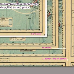K&ouml;nnte beinhalten: Eine Nahaufnahme einer Vintage-Karte mit blauem Hintergrund und braunen Linien. Die Karte zeigt verschiedene Meeresstr&ouml;mungen und enth&auml;lt Text, der lautet "Dies ist ein Beispiel mit einer zuf&auml;lligen Karte, um die Randoptionen zu zeigen." Die Karte enth&auml;lt auch Text, der lautet "Erkl&auml;rung" und verschiedene Arten von Str&ouml;mungen auflistet. Die Karte hat einen 0,3 Zoll breiten Rand, eine Option ohne Rand und eine Option mit einem 2 Zoll breiten Rand.