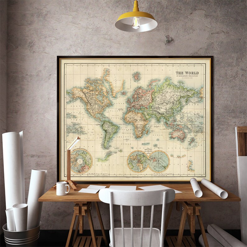 World map Old map of the world restored Wall maps World map archival print on paper or canvas image 1