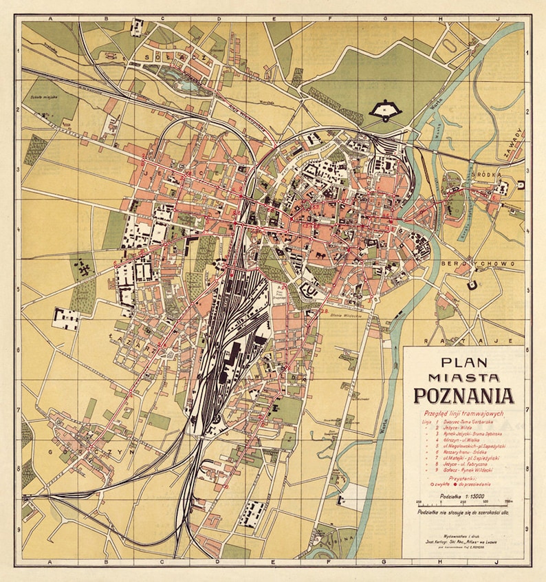 Poznan Map Vintage City Map Plan Miasta Poznania - Etsy
