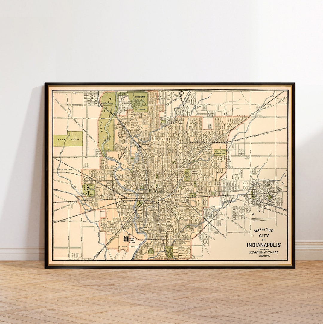 Indianapolis Old City Map, Detailed Vintage Street Map, Old Map Gift ...
