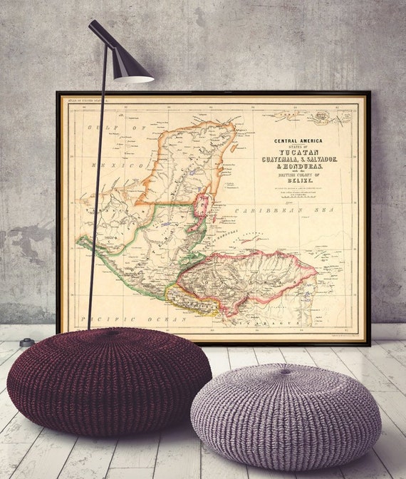 Yucatan map - Guatemala Map- Salvador Map, Honduras Map - Vintage map print on canvas or paper