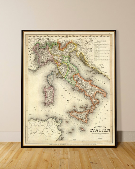 Italy map,  historical map of Italy from 1844, wonderful colors, great addition to any house