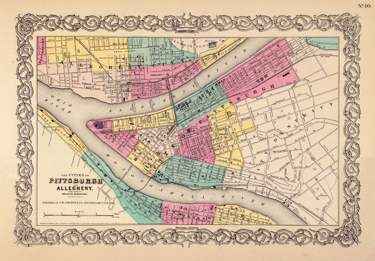 Map of Pittsburgh Old map fine print Old map restored Etsy