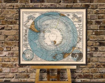 Old map of South  Pole - Antarctica map  - Giclee fine print on fine coated paper or canvas