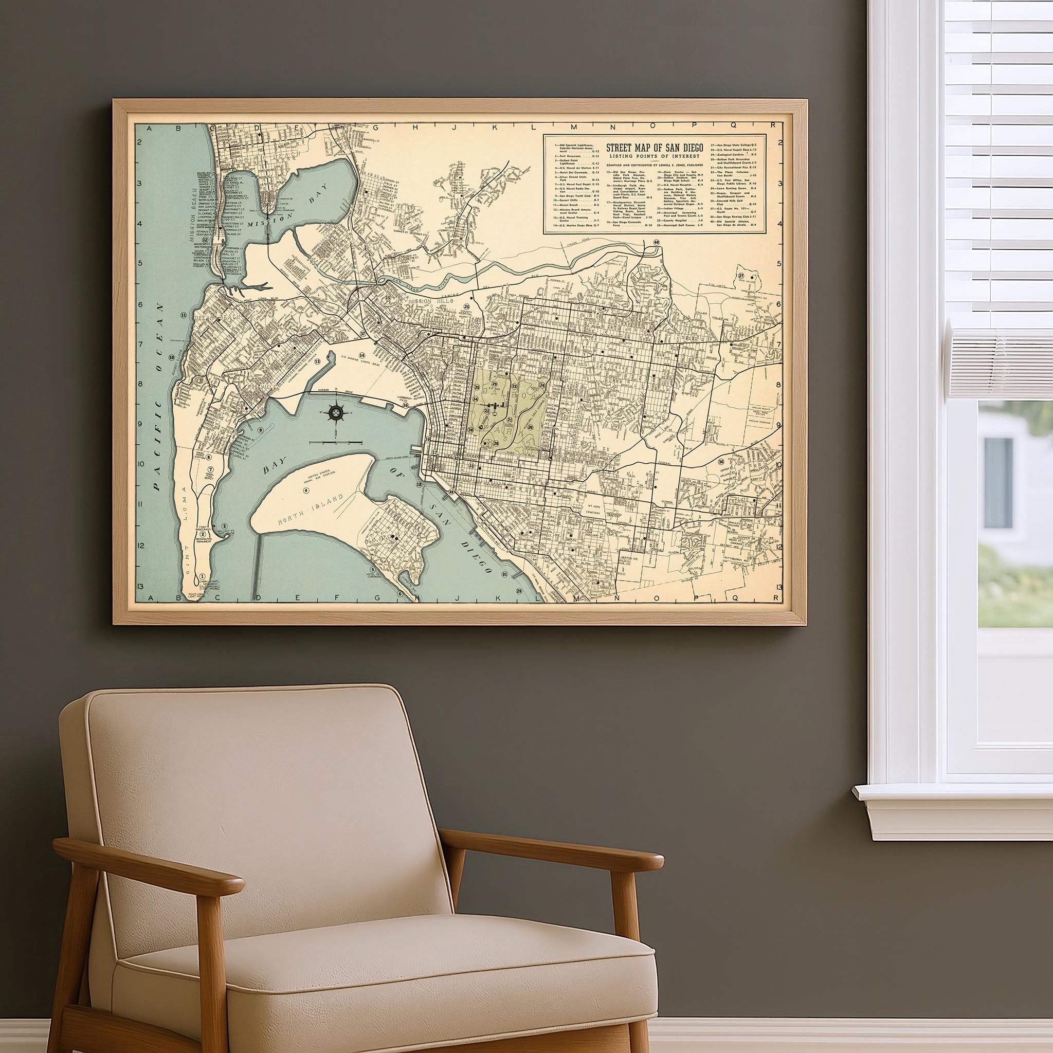 Vintage Map Of San Diego | Mid Century City Plan Giclee Reproduction