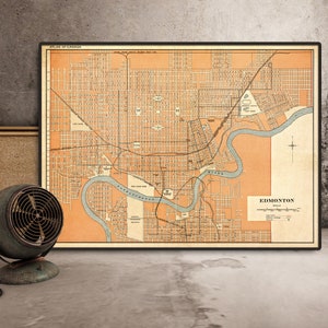 Ancienne carte d'Edmonton - Impression d'archives fines - Carte d'Edmonton restaurée - disponible sur papier ou sur toile