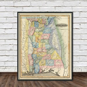 Ancienne carte de l'Alabama - Magnifique reproduction de la carte de l'Alabama, disponible sur papier couché fin ou sur toile