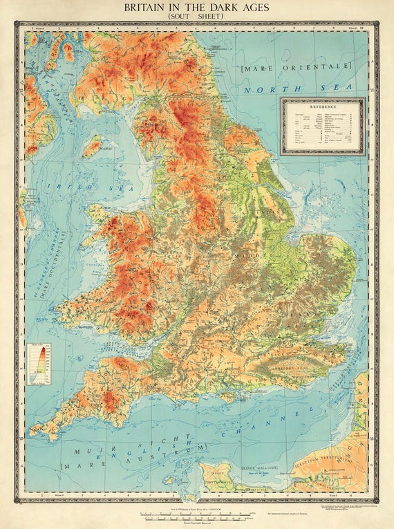 中世のイギリス、イングランド、ウェールズの地図 暗黒時代の地図