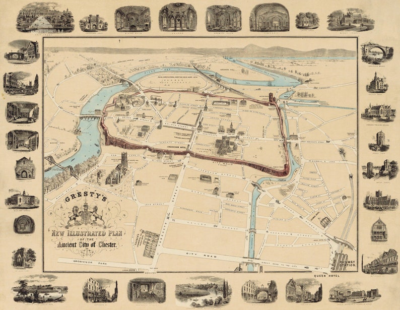 Chester Map Illustrated Old Map of Chester Available on Etsy