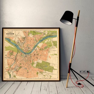 Plan de la vieille ville de Dresde, carte vintage restaurée, Dresde historique, décor de carte murale