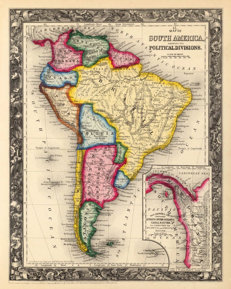 South America map   Old map of South America  Archival print image 1