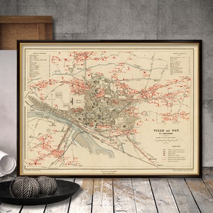 Map of Pau - Ville de Pau - Old city map reproduction on paper or canvas