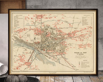 Map of Pau - Ville de Pau - Old city map reproduction on paper or canvas