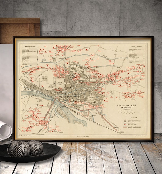 Map of Pau - Ville de Pau - Old city map reproduction on paper or canvas