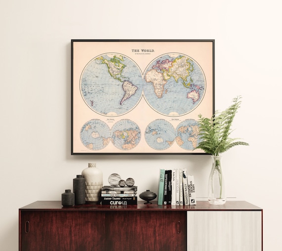 The World, wall map from 1910, world map in hemispheres and polar projections, new home gift, wall decor