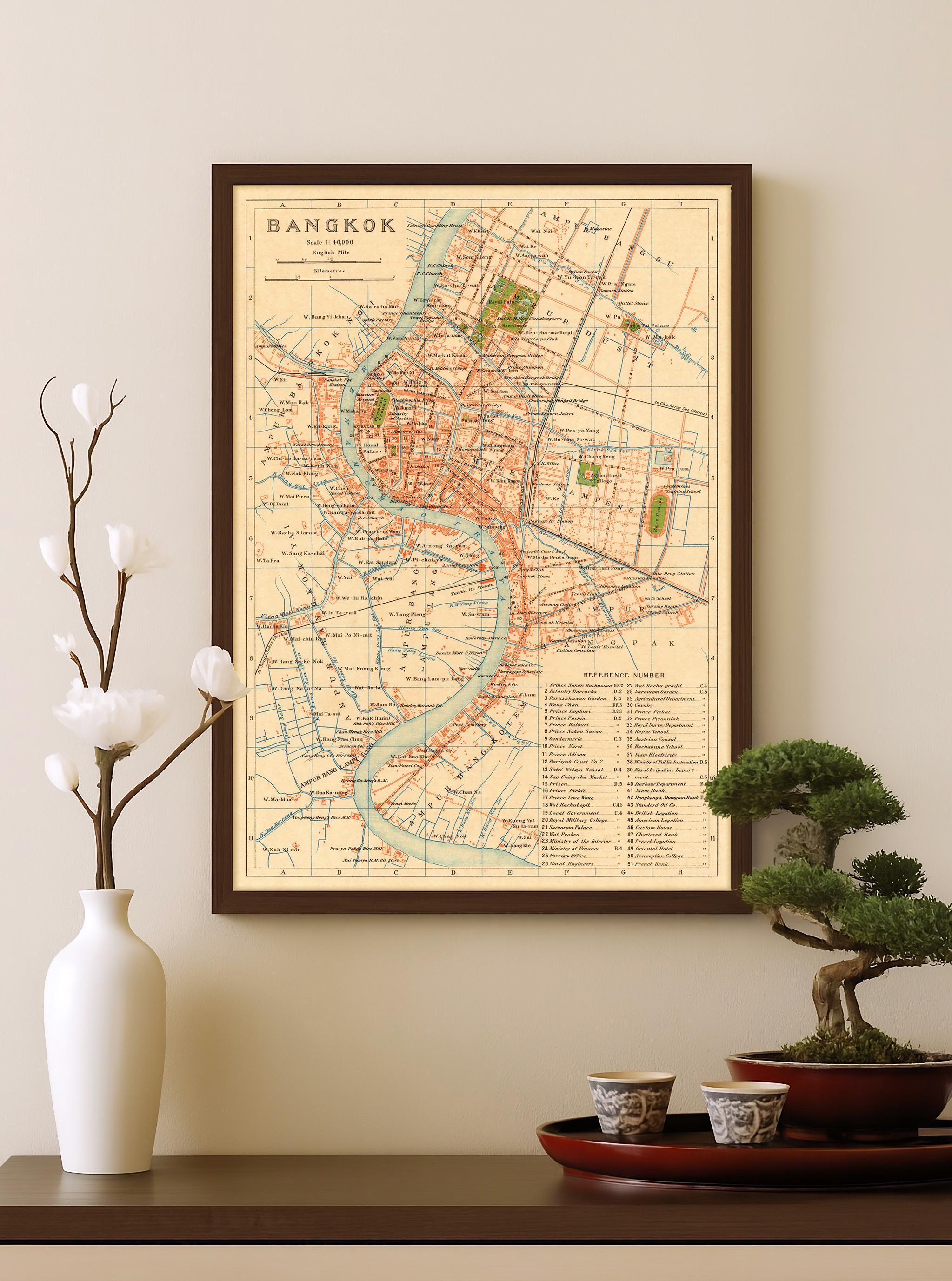 バンコクの古地図 | アンティークタイ地図ウォールアート