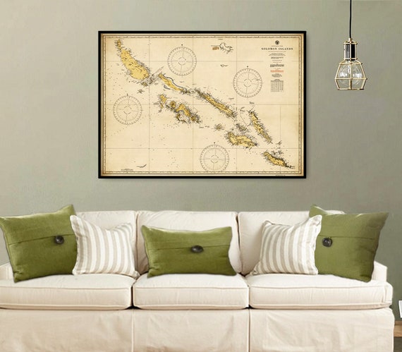 Solomon Islands map - Choiseul, New Georgia, Santa Isabel, Guadalcanal, Malaita and Makira, old map wall map poster