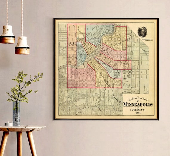 Minneapolis map - Old map of Minneapolis and surroundings - Wall map print on paper or canvas