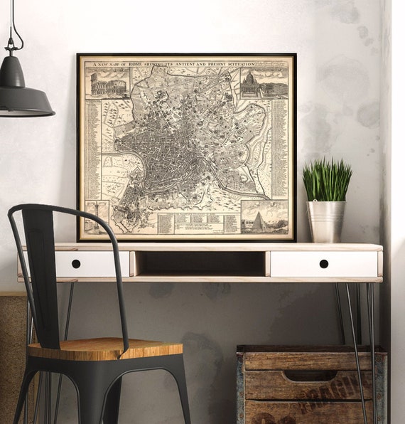 Large map of Rome - Old plan of Rome - Beautifully restored map, quality museum reproduction