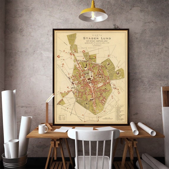 Map of Lund (Sweden),  Lund historical map,  large city map decor