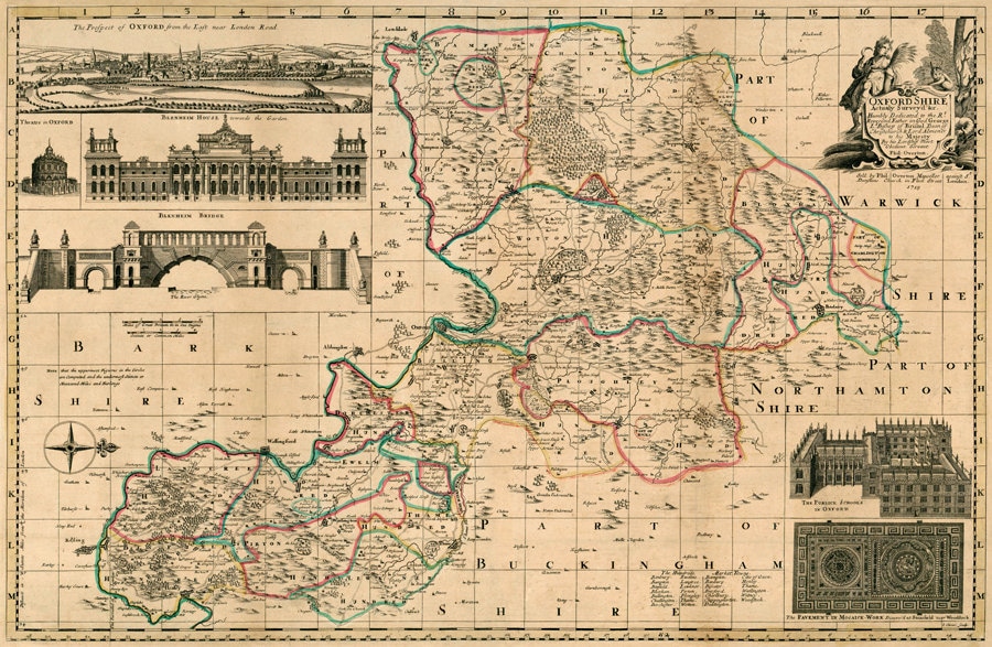 available on paper or canvas Historical map with illustrations Oxford Shire map Wall map of Oxford Shire
