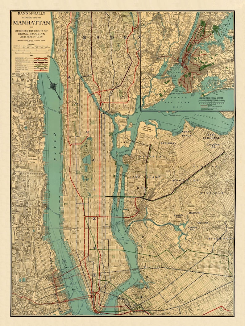 Carte de Manhattan, ancienne carte de Manhattan, New York, carte vintage détaillée de 1924, décoration murale de style vintage image 2