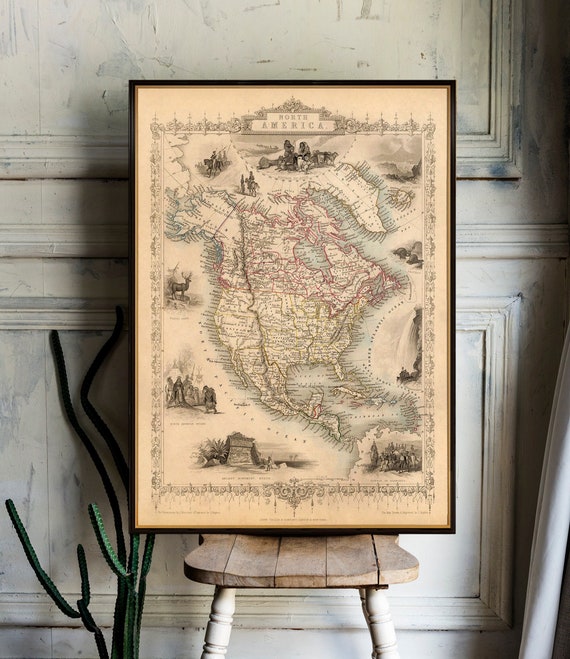 North America map, 19th century map , illustrations on sides, America history, housewarming gift, fine print