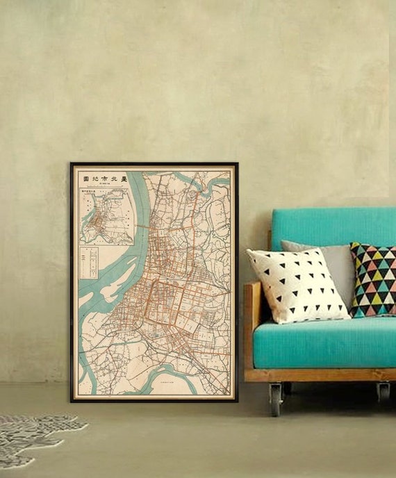 Vintage map of Taipei ,large wall map print, Taipei map from 1932, available on paper or canvas