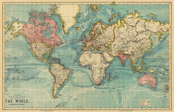 Carte Vintage Du Monde Imprimer Sur Toile Etsy France