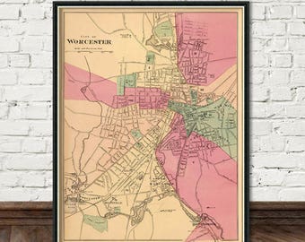 Worcester map - City map print - Old map fine print on paper or canvas, vintage style wall art