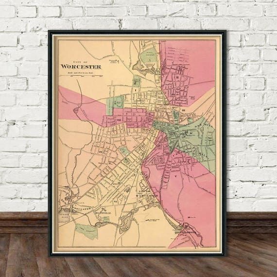 Worcester map - City map print - Old map fine print on paper or canvas, vintage style wall art