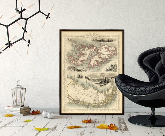 Map of Falkland Islands, Map of Patagonia - Old map restored - Fine print on paper or canvas