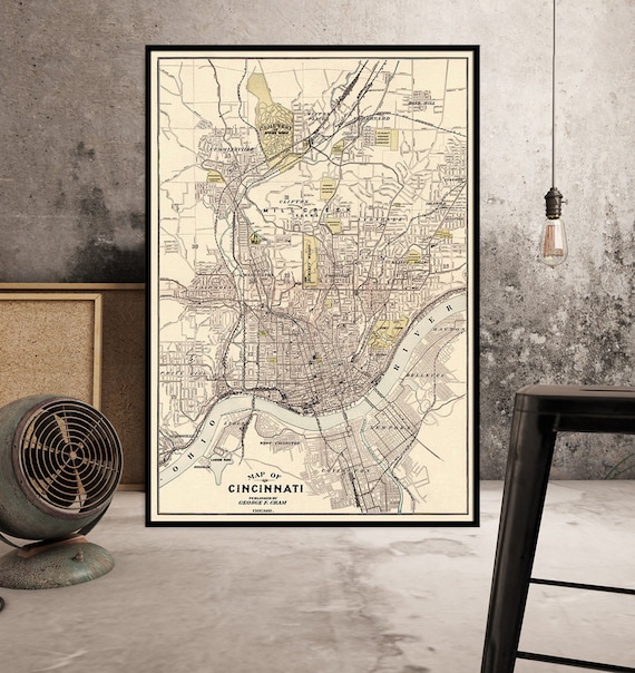 Cincinnati map - Old map of Cincinnati - fine reproduction - Old city map print on fine coated paper or matte canvas
