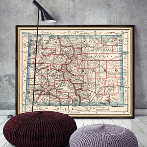 Ancienne carte du Colorado - carte vintage restaurée - Impression de carte murale sur papier ou toile
