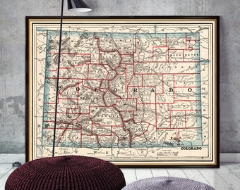Ancienne carte du Colorado - carte vintage restaurée - Impression de carte murale sur papier ou toile