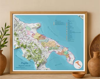 Mappa dei vini pugliesi – I vigneti del Sud Italia - Stampa artistica cartografica da parete
