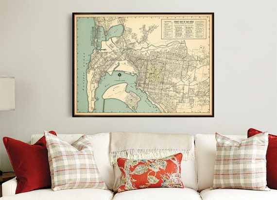 Vintage map of San Diego, restored map, old city plan art print, decorative old map of San Diego