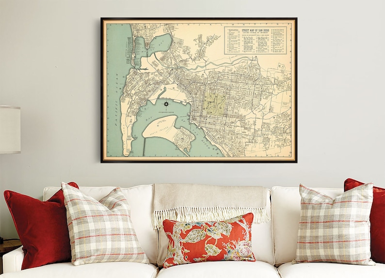 Vintage map of San Diego, restored map, old city plan art print, decorative old map of San Diego image 1
