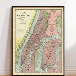 Antique Map of New York City | Manhattan, Brooklyn, Jersey City and Westchester | Urban Cartography Print