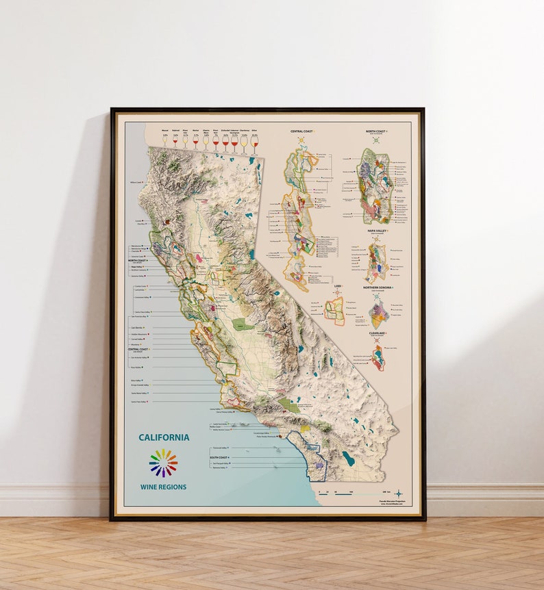 Carte des régions viticoles de Californie, régions viticoles américaines, carte détaillée, montrant toutes les régions viticoles de Californie, superbe décoration de bar/cave image 1