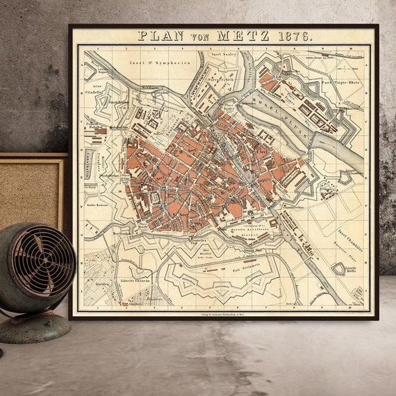 Old map of Metz  (France)  - Map of Metz, vintage style restored map, fine art map print