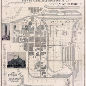 May include: A vintage map of the Union Stock Yards of Chicago, showing the layout of the stockyards and the surrounding railroads and connections. The map is dated May 1st, 1891.