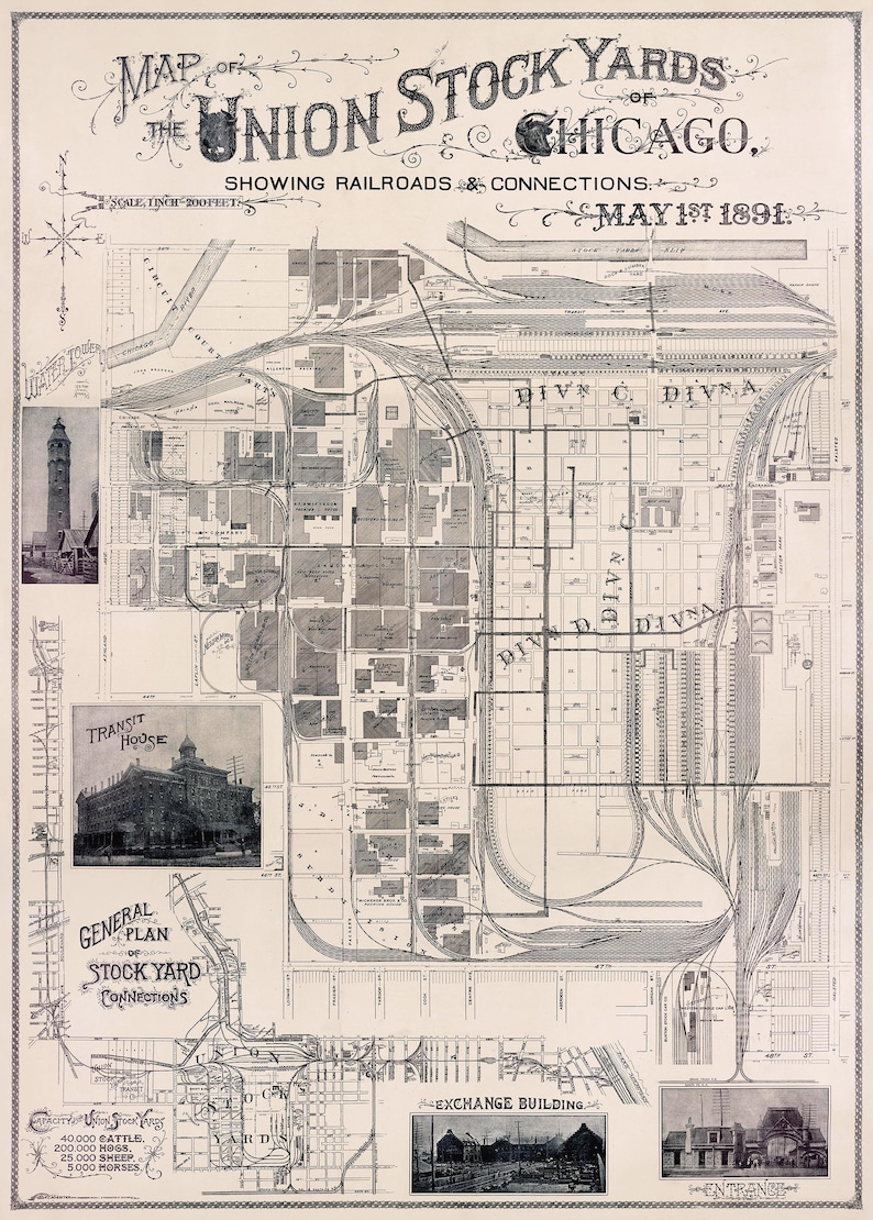 May include: A vintage map of the Union Stock Yards of Chicago, showing the layout of the stockyards and the surrounding railroads and connections. The map is dated May 1st, 1891.