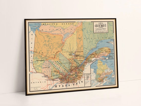 Province of Quebec, old map from 1938, decorative wall map, fine print