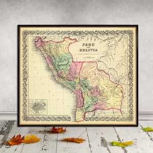 Mapa antiguo de Perú - Mapa antiguo de Bolivia, fina reproducción en papel o lienzo
