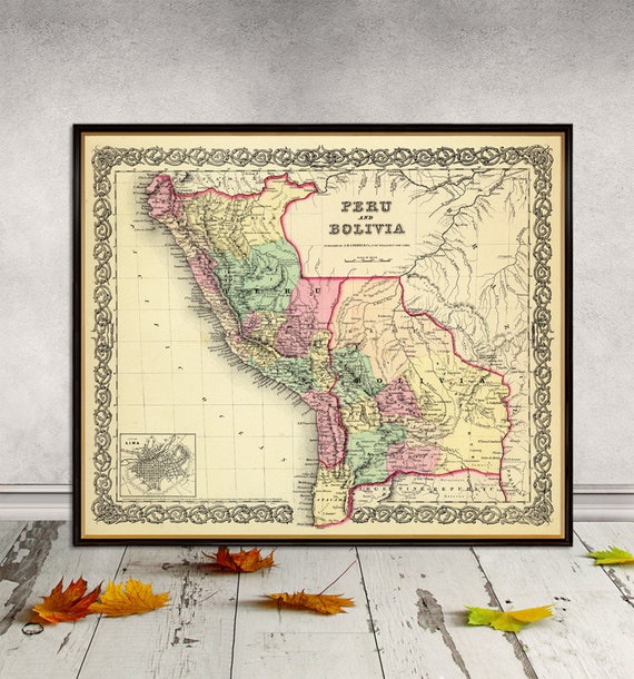 Vintage map of Peru - Old map of Bolivia, fine reproduction on paper or canvas