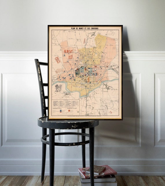 Map of Nancy, old city plan, decorative wall map, vintage style, fine print